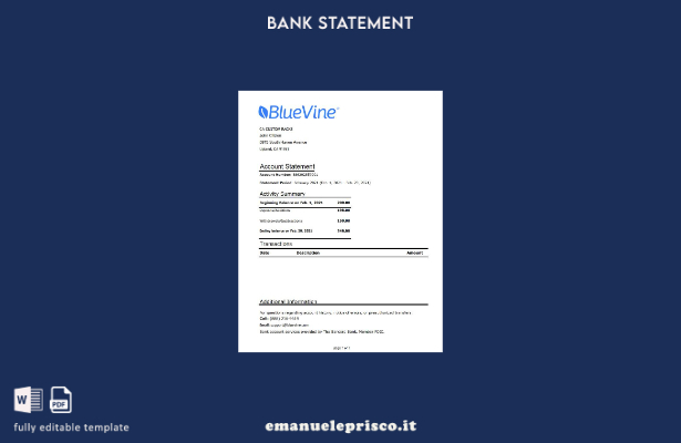 Modello Excel di estratto conto bancario USA California BlueVine in stile verifi